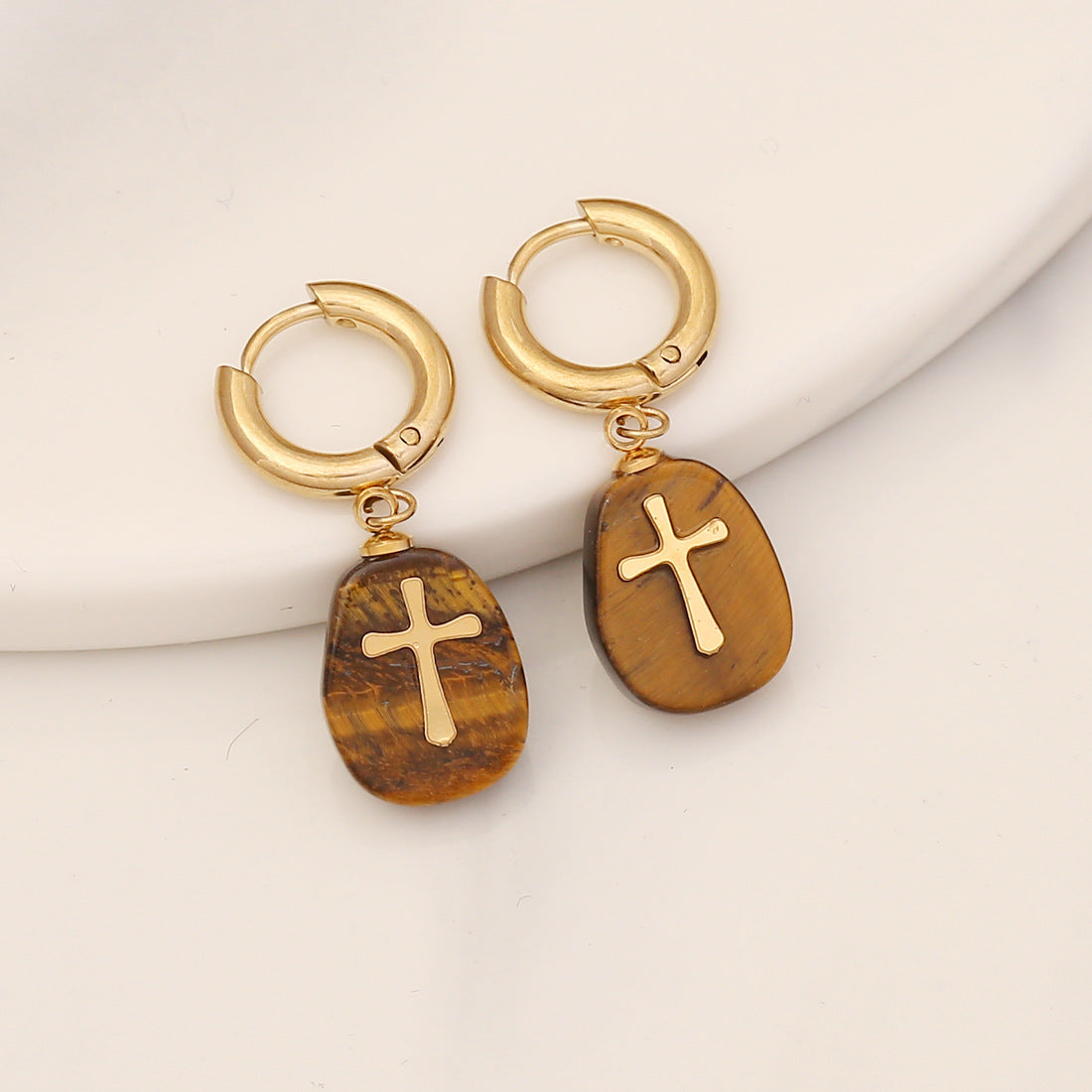 Venta al por mayor Pendientes de acero inoxidable con cruz de piedra natural